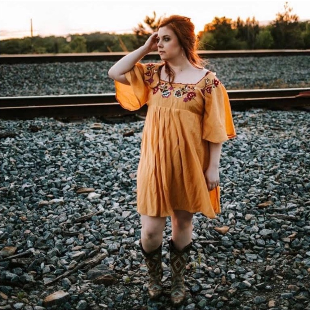 Umgee Mustard Floral Embroidered Dress - Picture 1 of 6